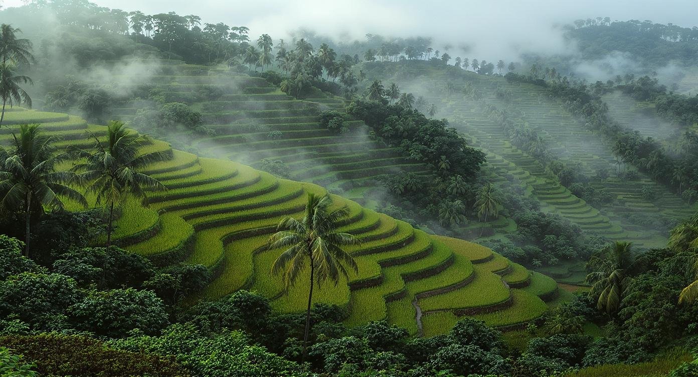 Flores vs Bali. Tegalalang rice terraces Bali Indonesia — lush green stepped rice paddies with palm trees