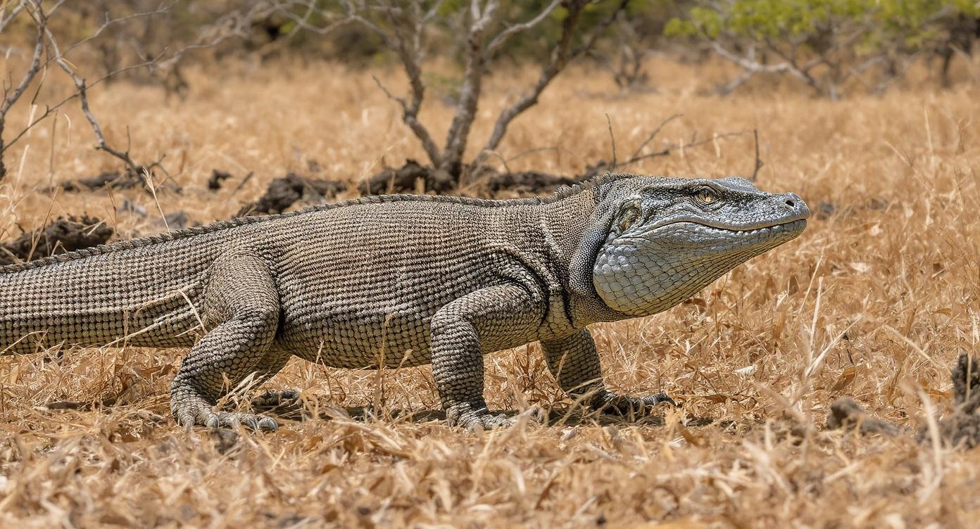 Komodo dragon walking on dry savanna grassland on Komodo Island, Indonesia
