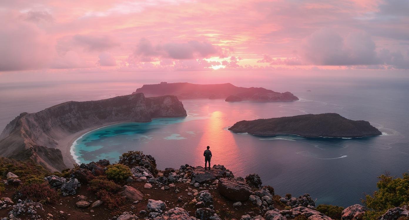Padar Island viewpoint panorama in Komodo National Park at sunrise with three bays