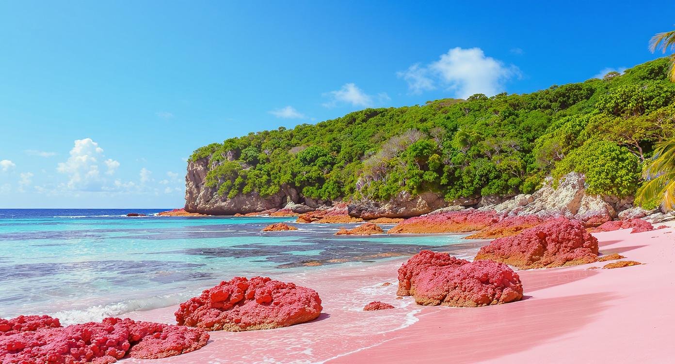 Pink Beach (Pantai Merah) Flores Indonesia with distinctive pink sand and turquoise sea