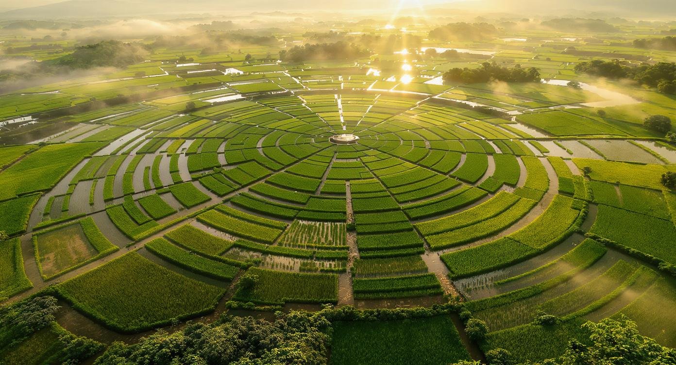 Cancar spider web rice fields (Lingko) near Ruteng, Flores Indonesia — geometric circular pattern of rice paddies for your Flores Itinerary.