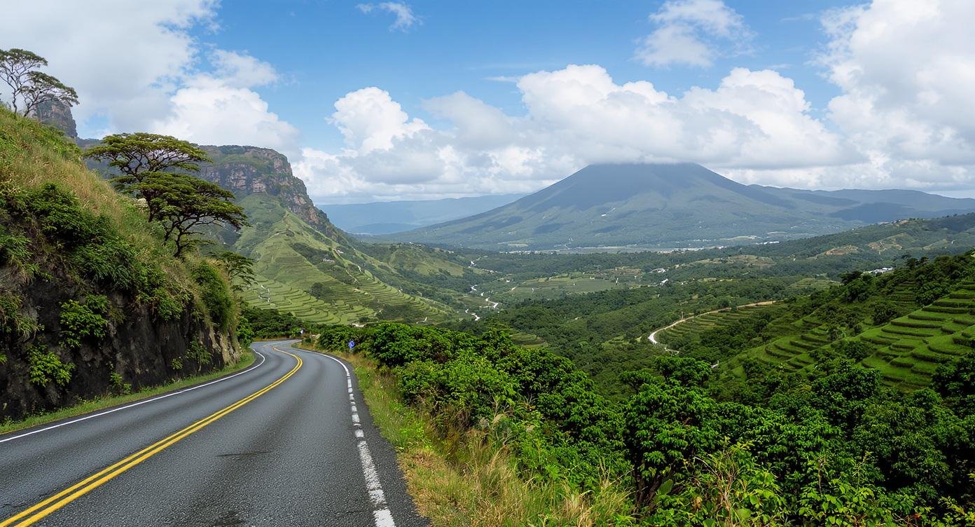 Trans-Flores Highway winding through dramatic volcanic highland landscape with rice terraces and jungle, Flores Itinerary Indonesia
