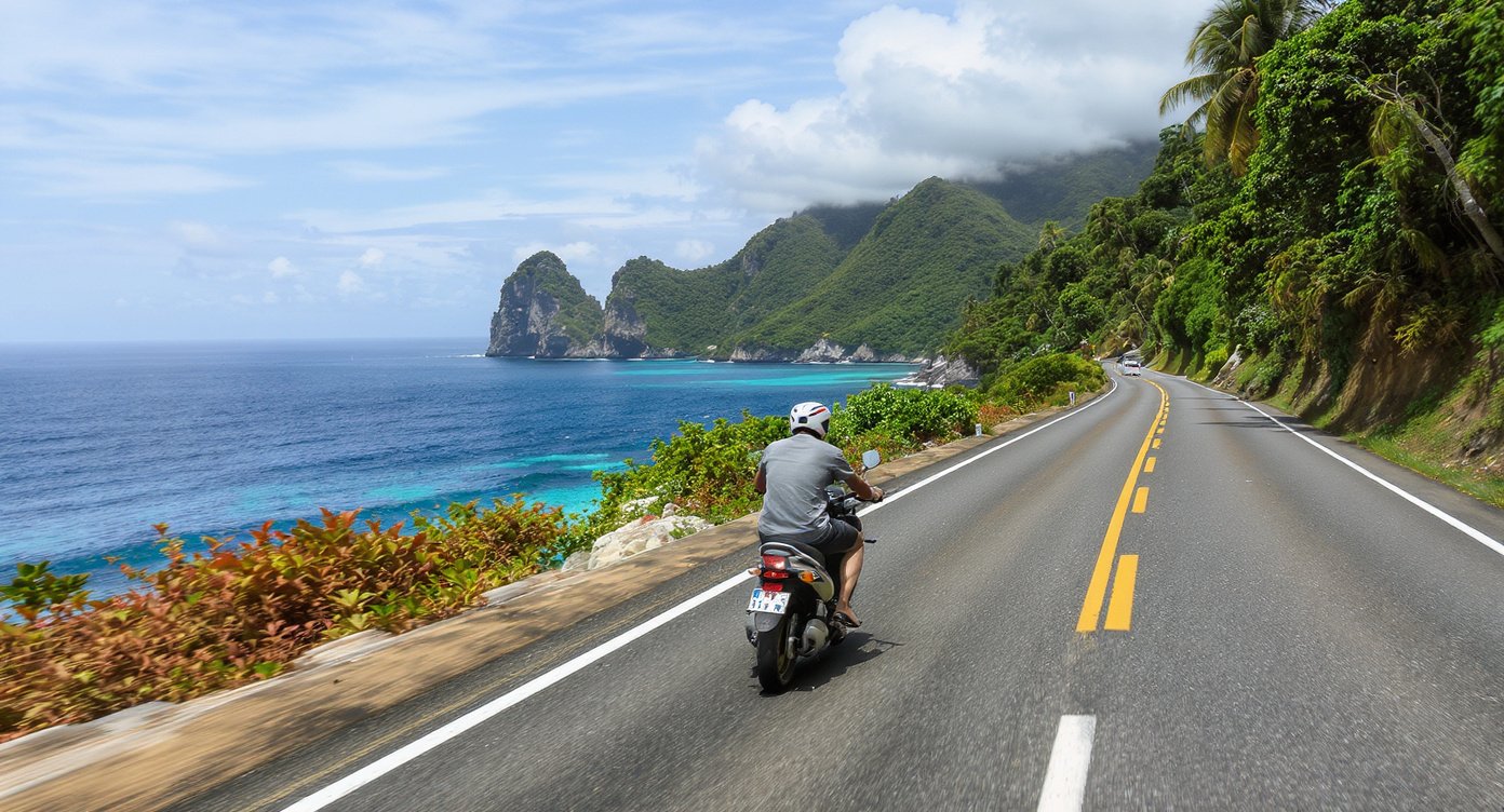 Person riding motorbike on scenic coastal road in Flores Indonesia with turquoise ocean views