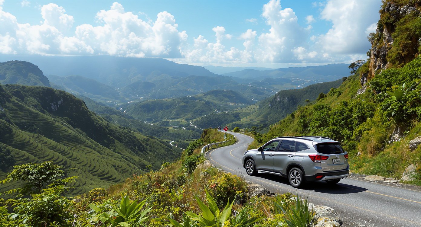Flores transportation by private driver — car on winding mountain road through tropical highlands on the Trans-Flores highway