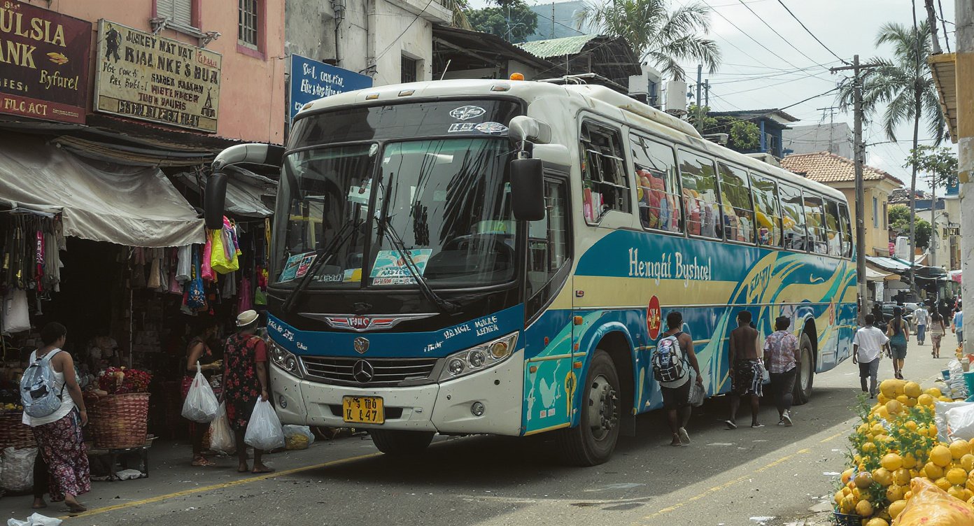 Public bus at a local bus terminal in Flores Indonesia with passengers and local market scene