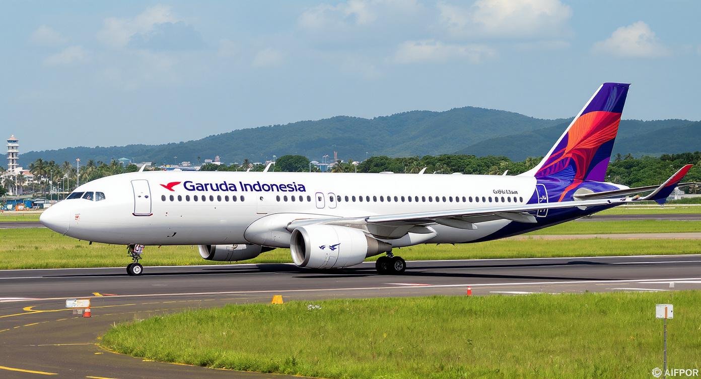 Garuda Indonesia aircraft on runway at small Indonesian regional airport with tropical palm trees and green hills in background