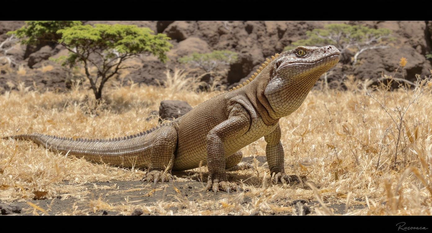 Komodo dragon on dry savanna grassland on Komodo Island Indonesia — full body side view with forked tongue in natural habitat
