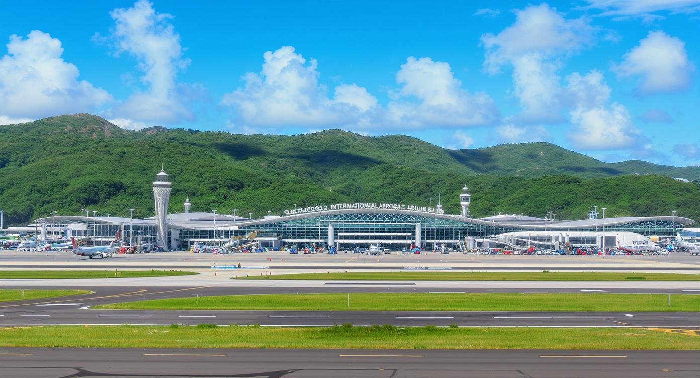 Komodo International Airport Labuan Bajo Flores Indonesia — modern terminal building with aircraft on tarmac and green tropical hills