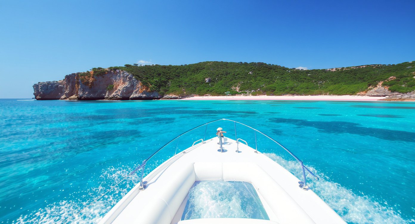 Speedboat approaching Pink Beach Komodo Island across turquoise water Komodo National Park Flores Indonesia