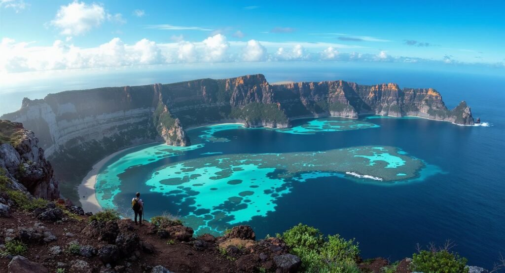 Komodo Island vs Rinca Island - Padar Island panoramic viewpoint Komodo National Park showing three bays with turquoise water and volcanic hills Flores Indonesia