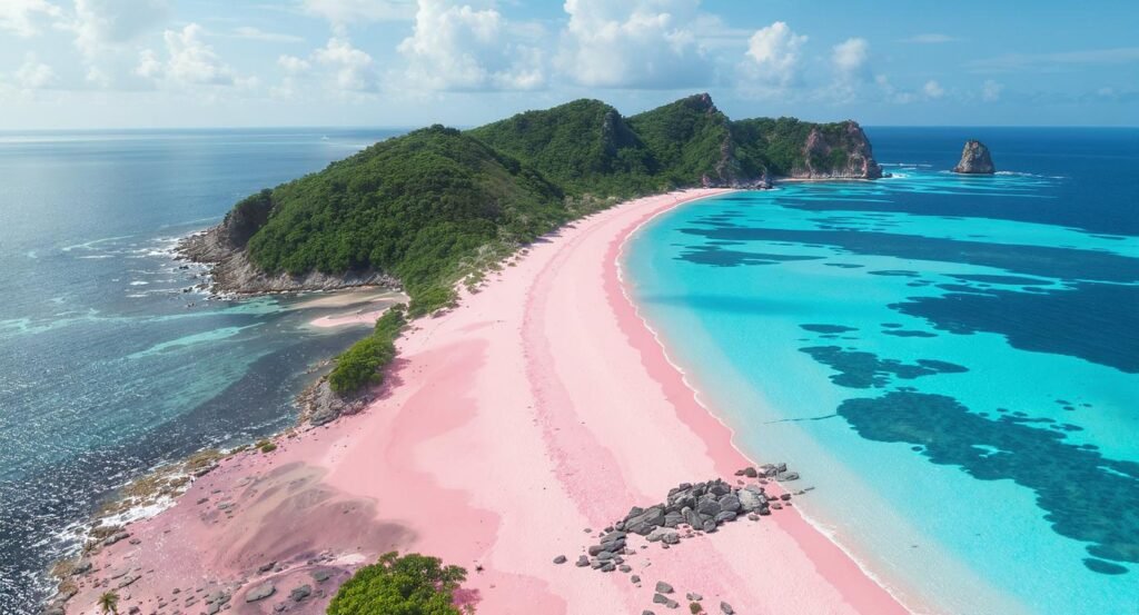Komodo Island vs Rinca Island - Pink Beach Pantai Merah Komodo Island aerial view showing distinctive pink-tinted sand and turquoise water Flores Indonesia