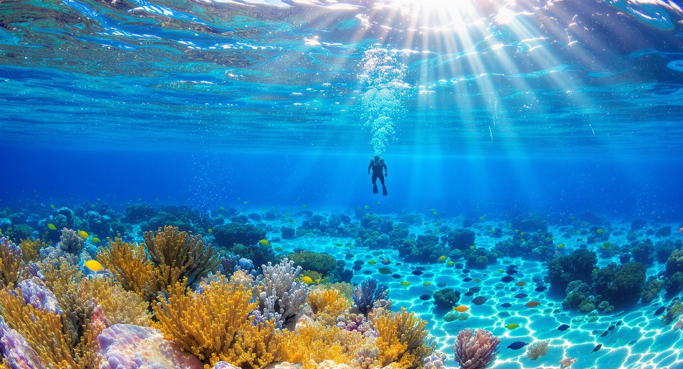 Snorkelling underwater at Pink Beach Komodo National Park Flores — vibrant coral reef with tropical fish in turquoise water