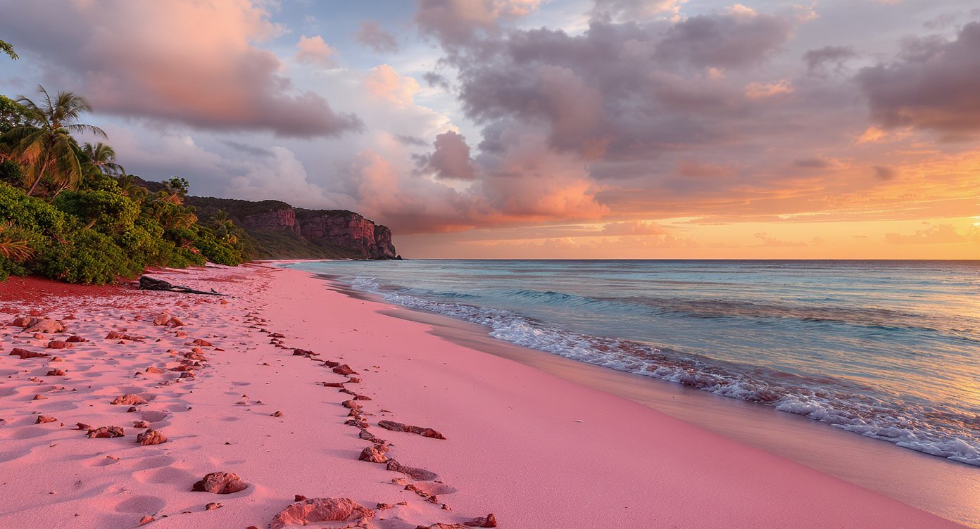 Pink Beach Flores at sunrise with golden light on pink sand and calm turquoise water Komodo Island Indonesia