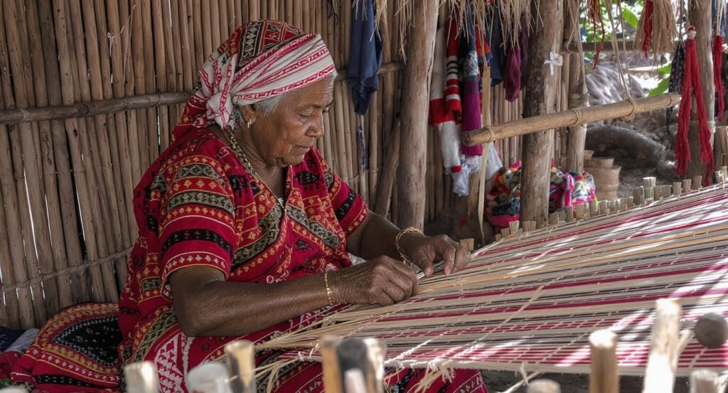Traditional ikat weaving at Wae Rebo village using backstrap loom with naturally dyed threads Flores Indonesia