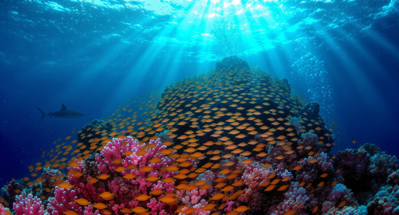 Dense school of anthias and fusiliers above soft coral pinnacle at Batu Bolong Komodo National Park Flores snorkelling site