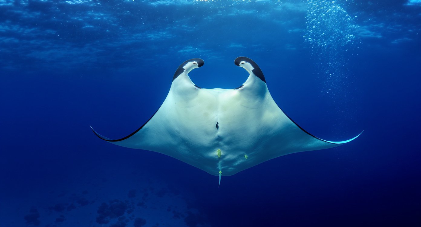 Oceanic manta ray at Manta Point Komodo National Park Flores Indonesia — wide wingspan gliding through clear blue water during Flores snorkelling trip