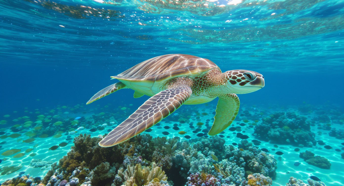 Green sea turtle swimming above coral reef at Siaba Besar Komodo National Park Flores Indonesia snorkelling