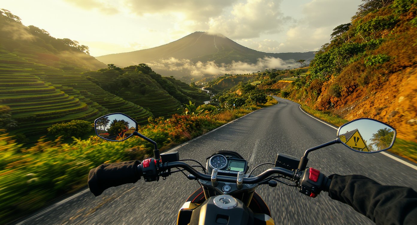 Tourist riding motorbike on scenic mountain road in Flores Indonesia
