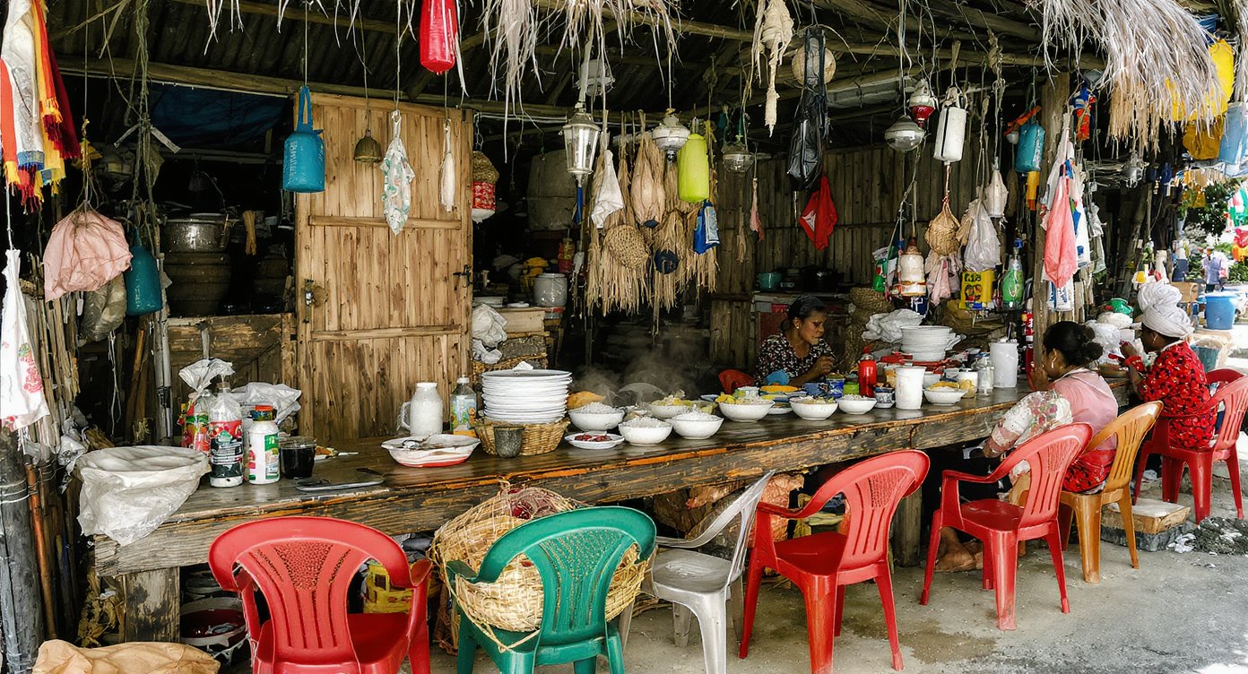 Local Indonesian warung food stall on Flores — cheap authentic meals