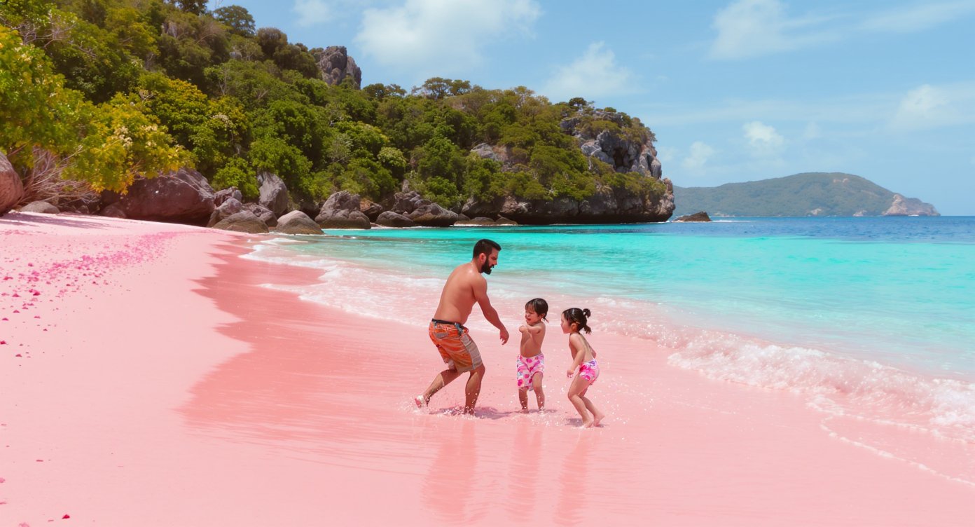 Family with kids on Pink Beach Flores — pink sand and shallow clear turquoise water