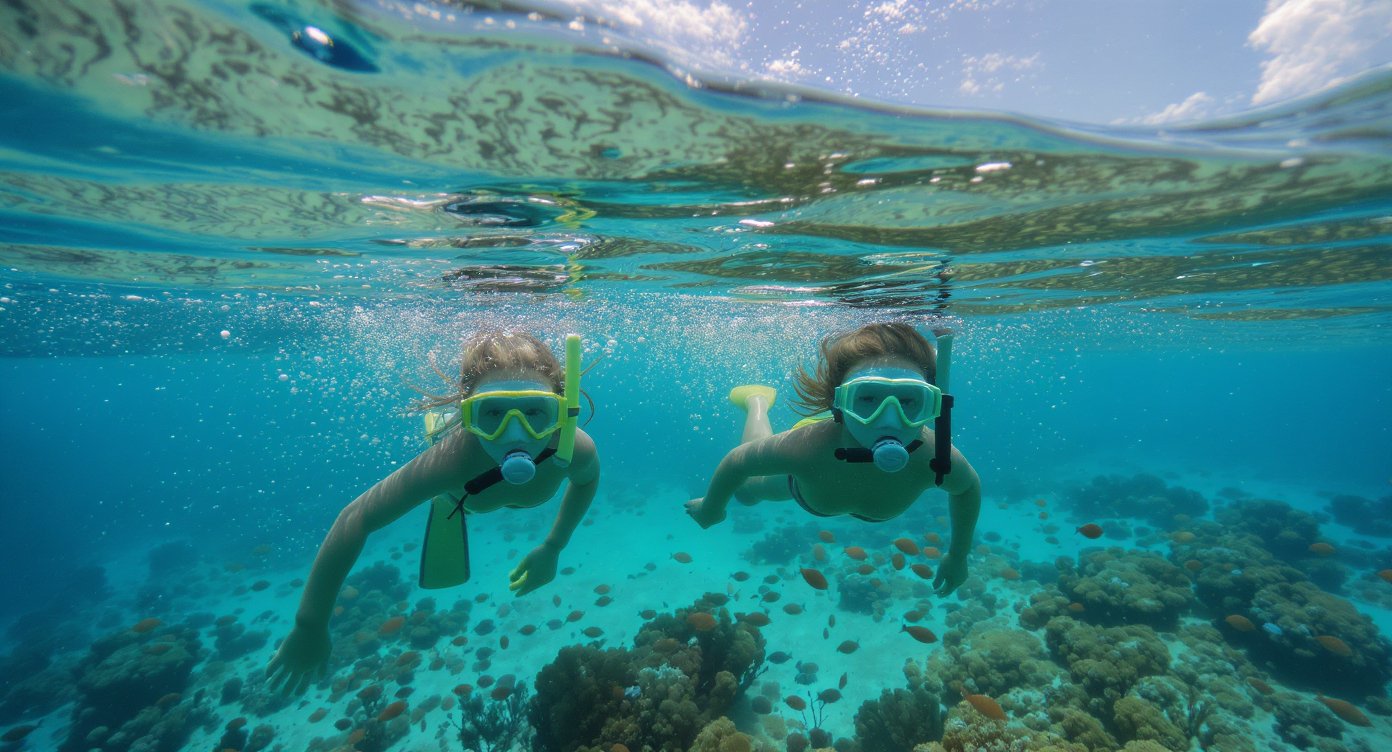 Children snorkelling in shallow clear water over coral reef — Flores with kids snorkelling guide