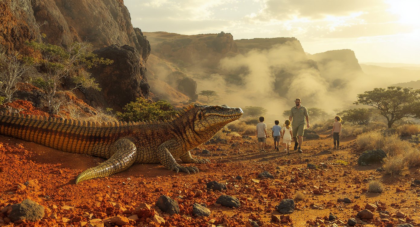 Family watching a Komodo dragon on a guided ranger trek — Flores with kids wildlife experience