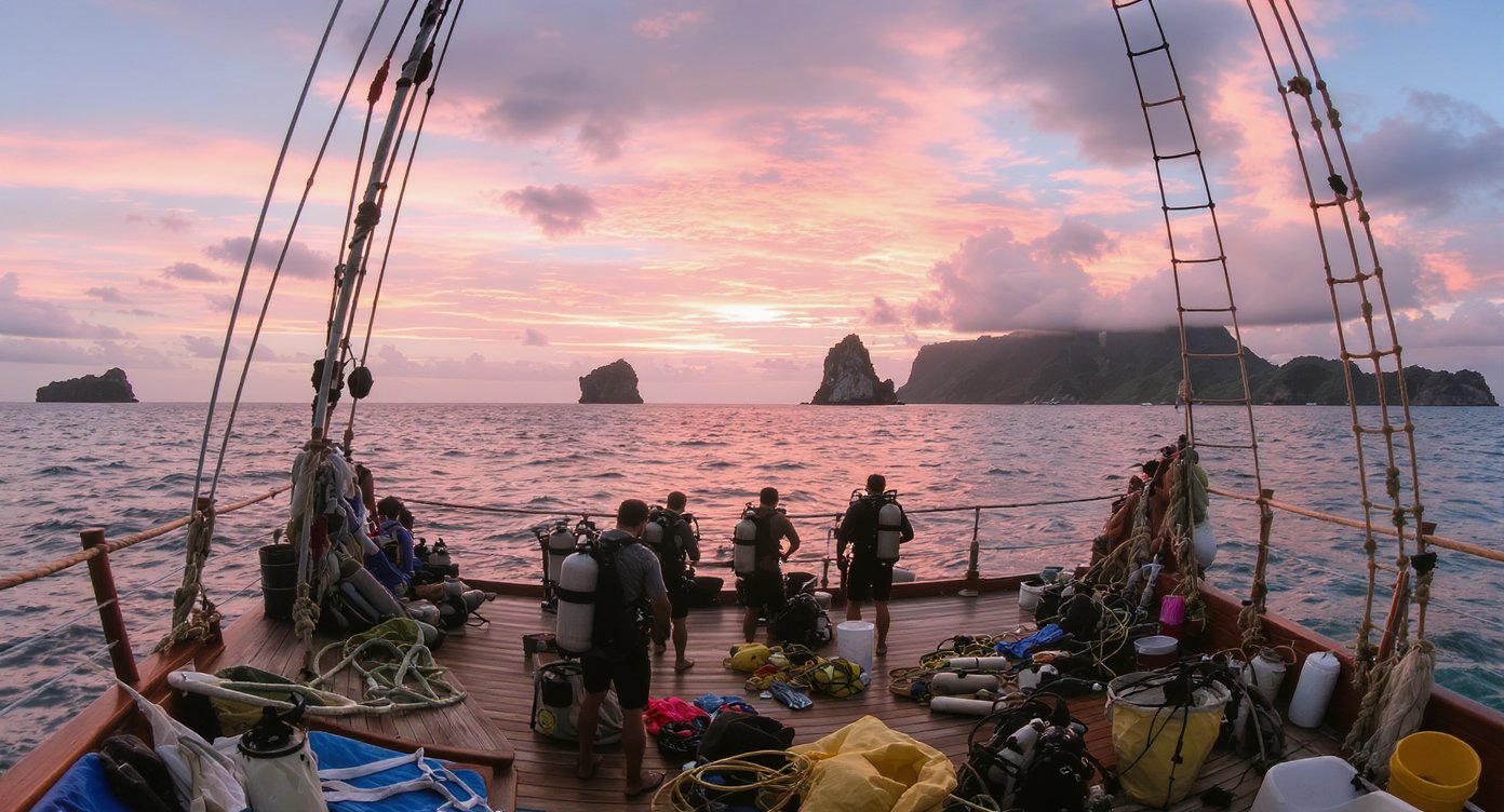 Divers on liveaboard deck at sunrise preparing for early dive in Komodo National Park