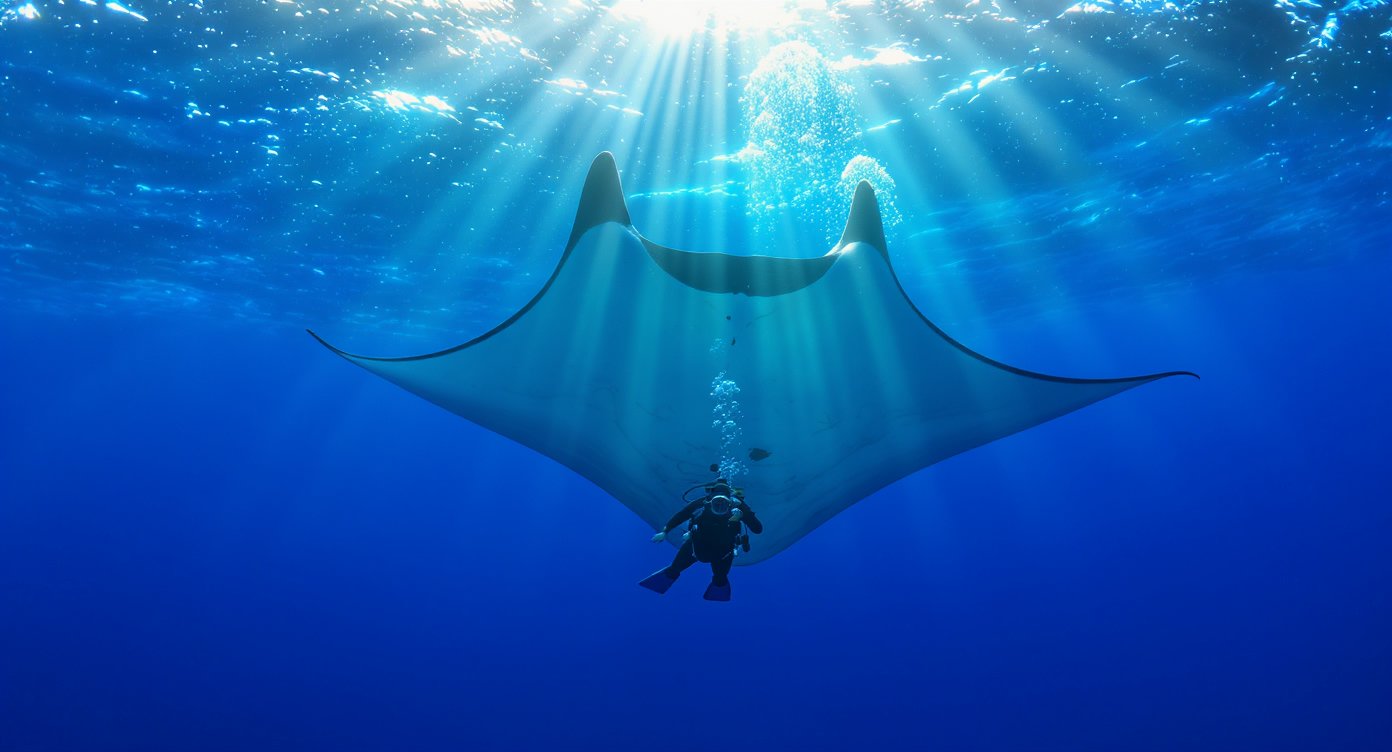 Diver with oceanic manta ray at Manta Point, Flores liveaboard diving