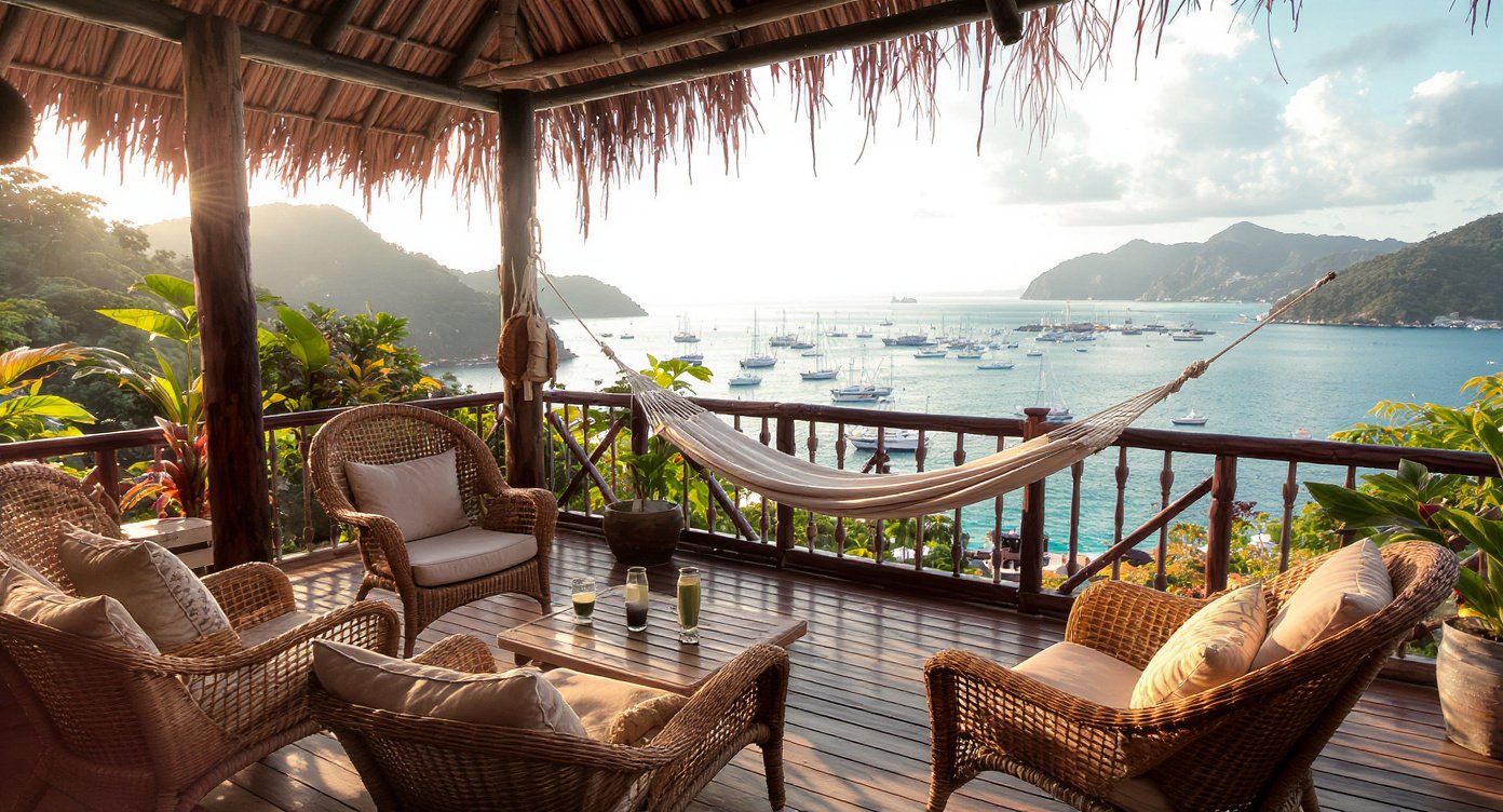 Budget Labuan Bajo accommodation — hostel rooftop terrace with harbour view and tropical plants