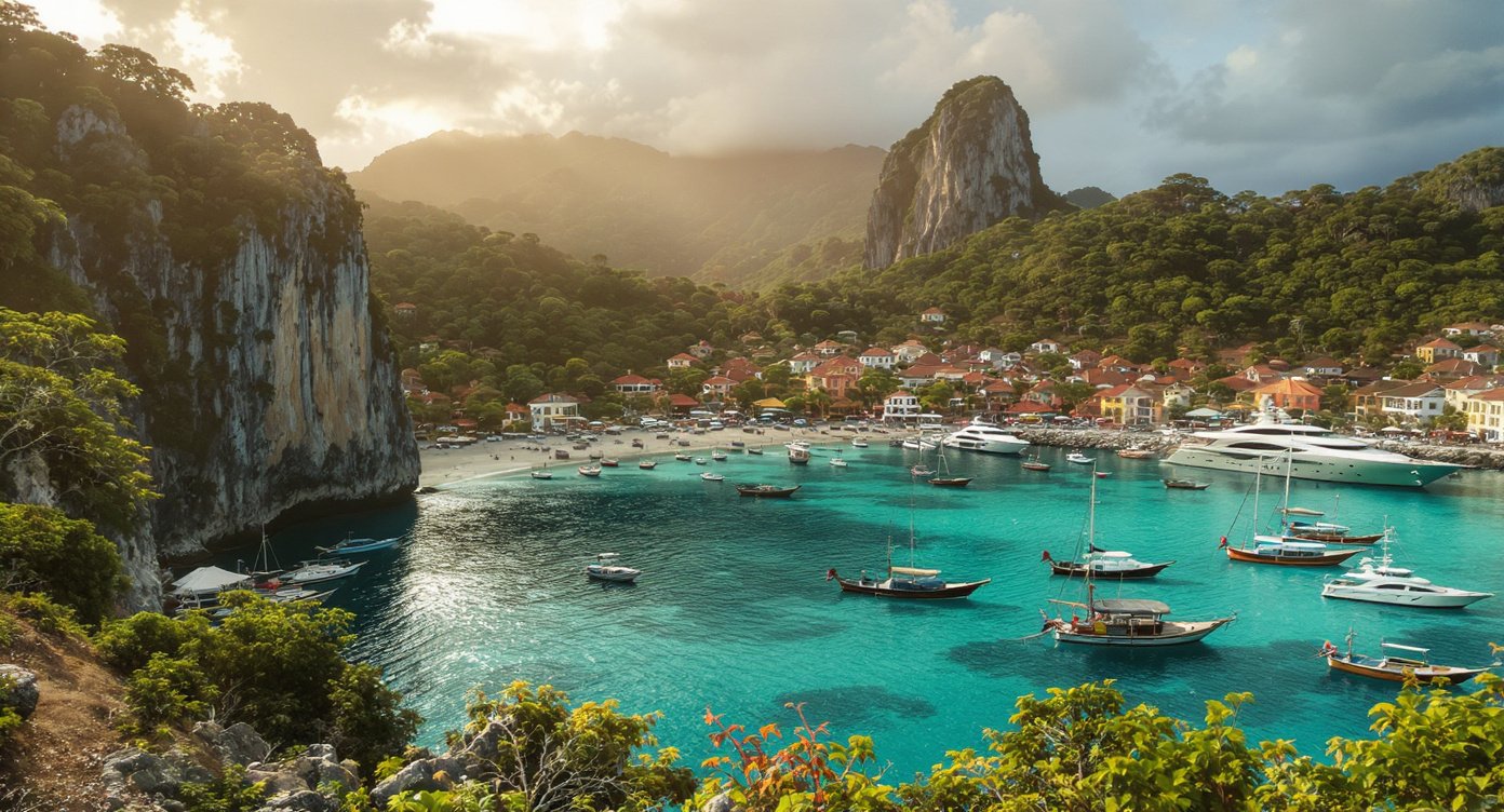 Labuan Bajo accommodation — aerial view of the harbour with traditional boats and hillside town, Flores Indonesia