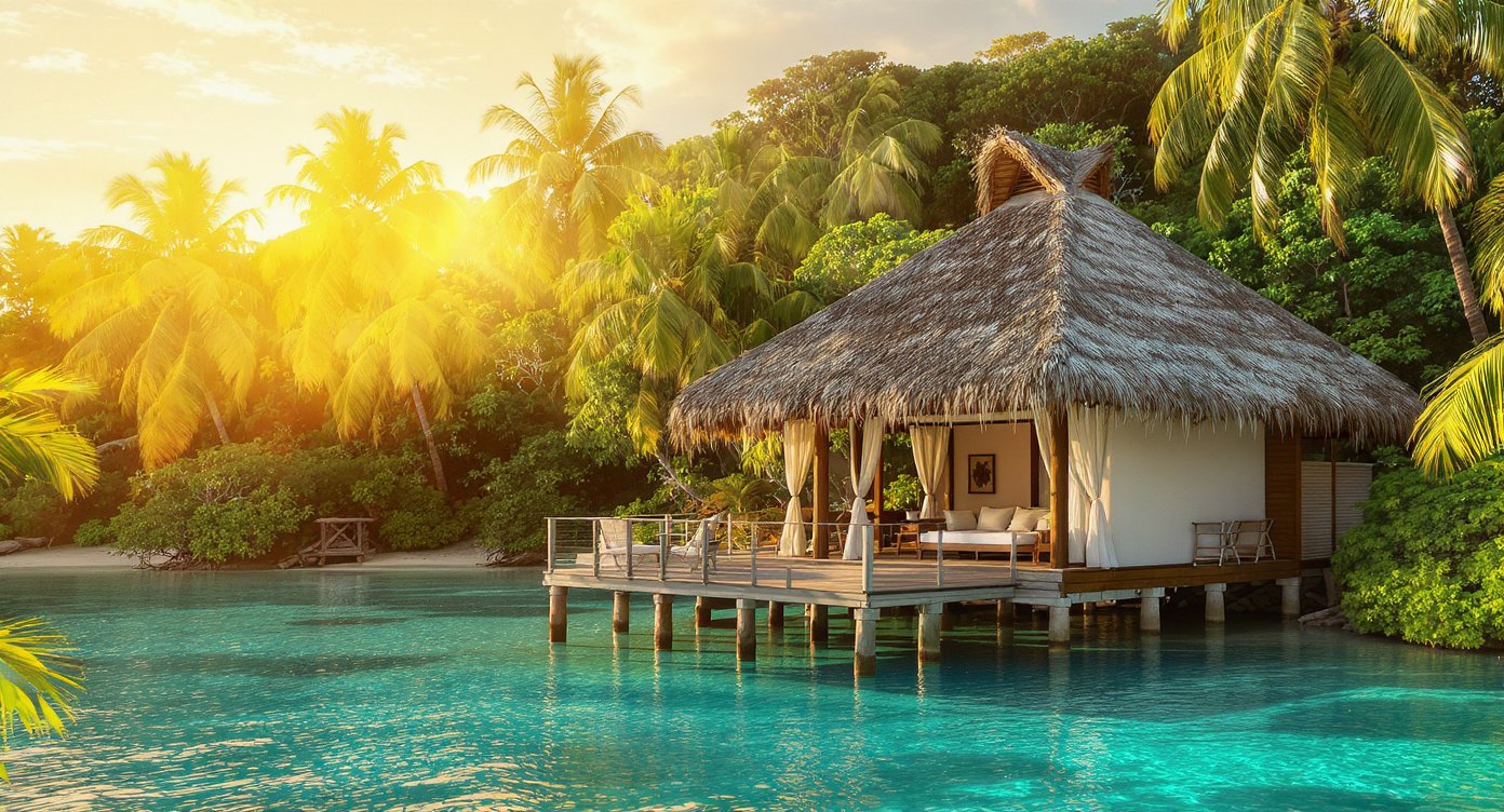 Luxury Labuan Bajo accommodation — beachfront villa bungalow with private deck over turquoise water