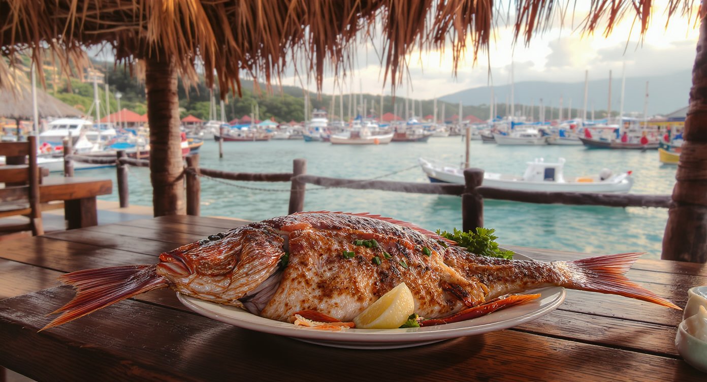 Fresh grilled snapper at a Labuan Bajo waterfront restaurant with sambal and harbour view