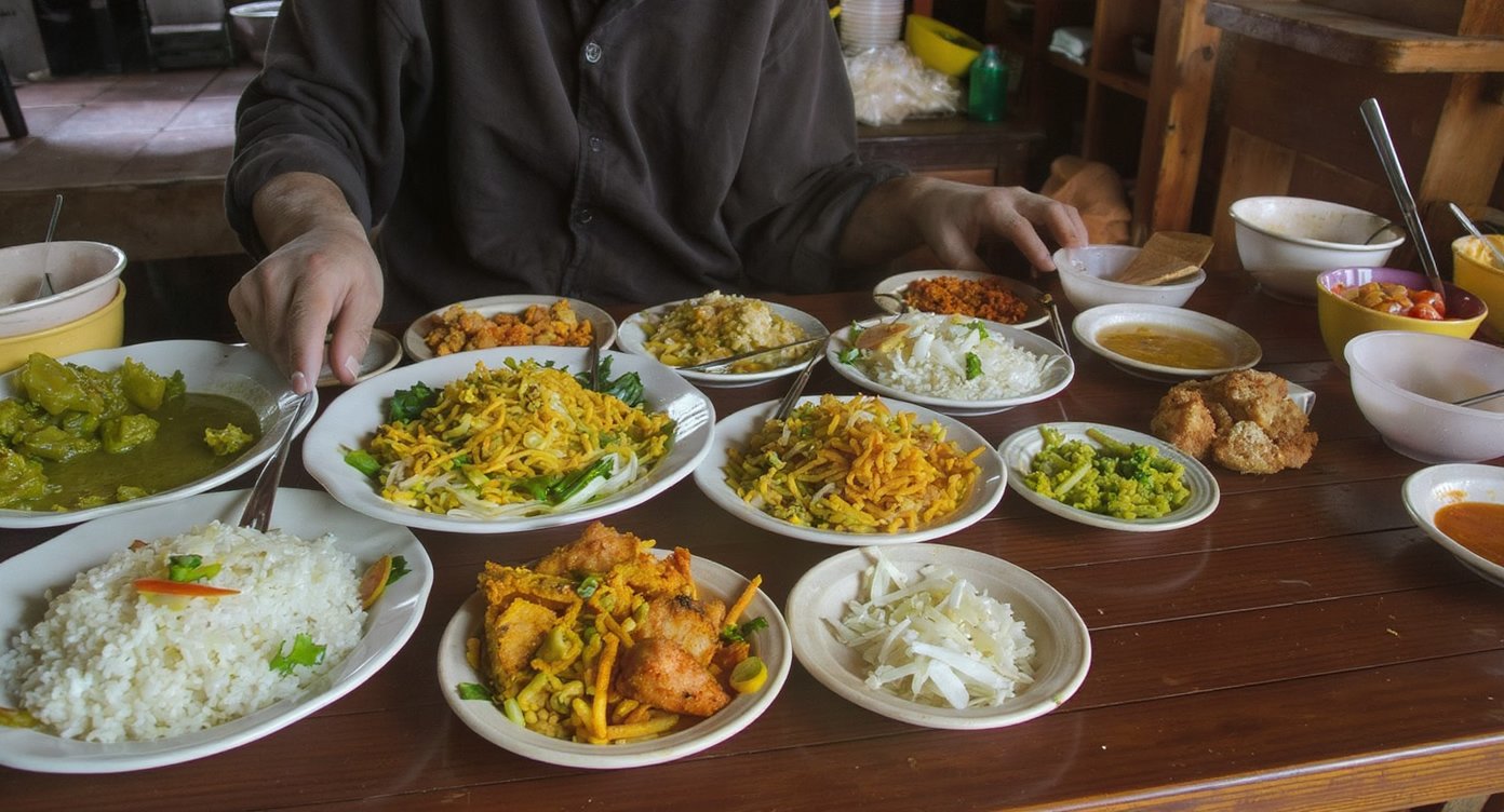 Traditional Indonesian warung serving nasi campur with rice and multiple side dishes, Labuan Bajo